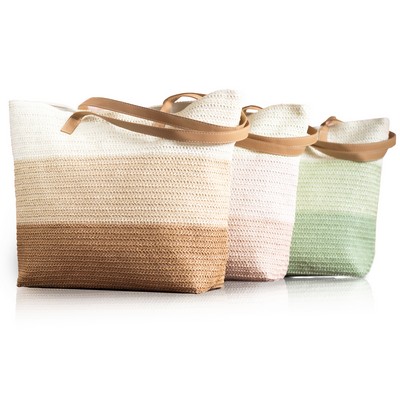 Paper Straw Beach Tote Bag with Faux Leather Handle