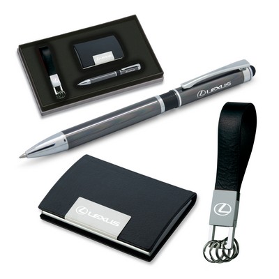 3-Piece Gift Set of Leather Card Case, Stylus Ballpoint Pen and Leather Key Holder