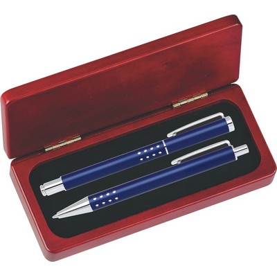 Dot Grip Pen Set Series- Blue Pen and Roller Pen Set, Crescent Moon Shape Clip, Rosewood gift box