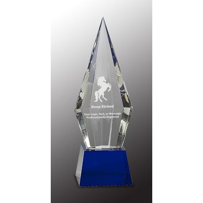 11" Obelisk Facet Crystal Award on Blue Pedestal Base