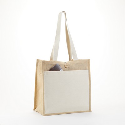 J920. Buddy 14H X 14 X 8D. Stylish Jute Tote bag with Exterior 10.oz Cotton Pocket.