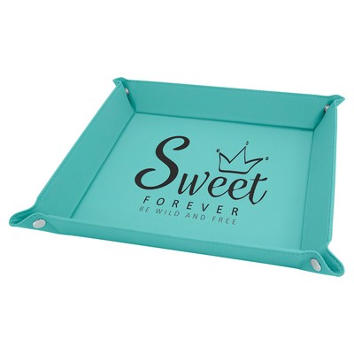 9" x 9" Teal Leatherette Snap Up Tray with Silver Snaps