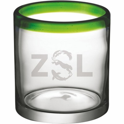 Deep Etched or Laser Engraved Acopa Tropic 12 oz. Rocks / Old Fashioned Glass with Green Rim