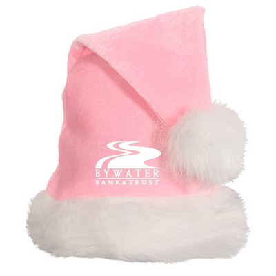 Light Pink Santa Hats w/ White Plush Trim with a Custom Direct Screen Print