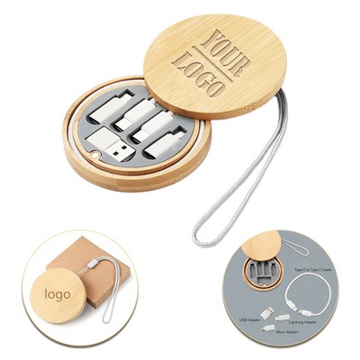 Round Bamboo Multi-Function Charging Cable Kit