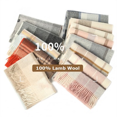 69'' Cashmere 100% Lambswool Tartan Scarf Warm Autumn Winter Scarf Solid Color Fringed Wool Scarf