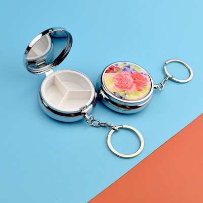 Mirror-Equipped Portable Pill Box with Key Chain