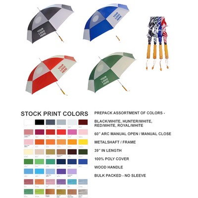 60" Arc, Manual Open /Close Vented Golf Umbrella Wood Handle Assorted color prepack