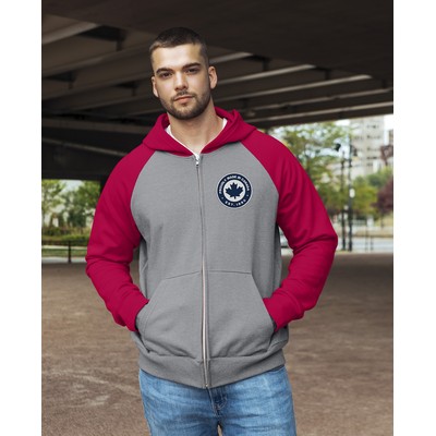 Unisex hooded full zip and raglan sleeve sweatshirt