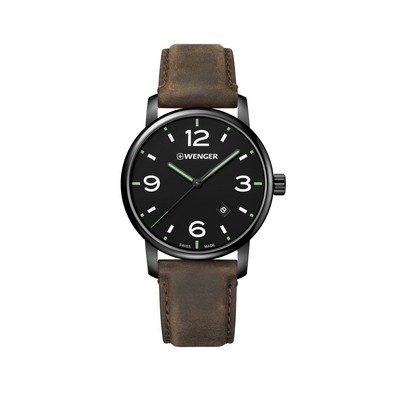 Swiss Army Urban Metropolitan Black Dial with Green hands, PVD Case, Genuine Brown Leather Strap