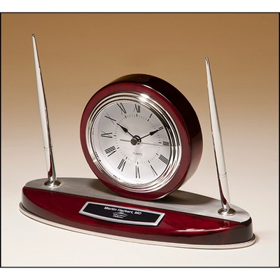 Rosewood Piano Finish Desk Clock and Pen Set with Silver Aluminum Accents