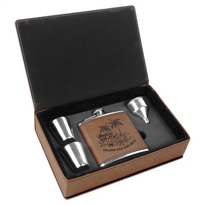 Laserable Dark Brown Leatherette 6 Oz. Flask Gift Set