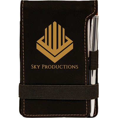 3 1/4" x 4 3/4" Black/Gold Leatherette Mini Notepad with Pen