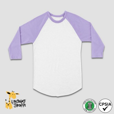 Toddler 3/4 Sleeve Raglan Shirt White/Lilac 65% Polyester 35% Cotton- Laughing Giraffe®