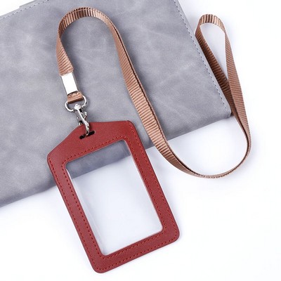 Leather ID Badge Card Holder With Lanyard