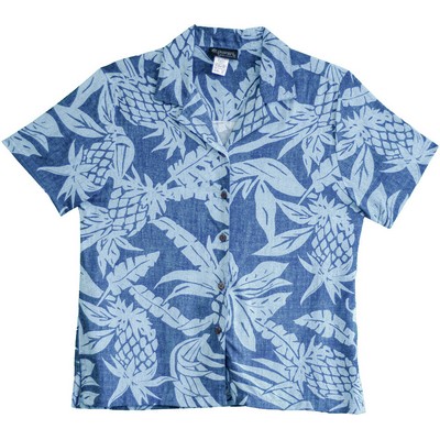 Ladies Hawaiian Tropical Print 100% Rayon Silky Feel Bahama Blue Shirt - DEEP INVENTORY