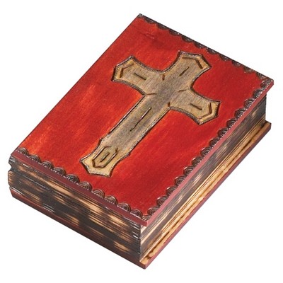 Wood Book Box w/Cross & Border (5"x3 5/8"x1 5/8")