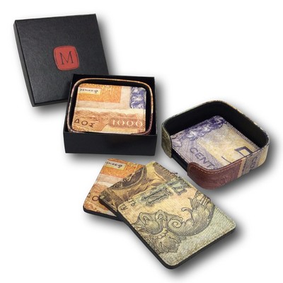 Genuine Leather 4-Color Coaster Set w/ 4-Color Printed Holder