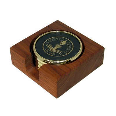 Metal & Leather Coaster Set in Wood Holder