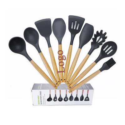 9 Piece Silicone Kitchen Cooking Utensil Set w/Nonstick Wooden Handle