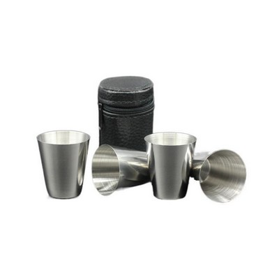 Set of 4 Stainless Steel Shot Cups with Leather Case