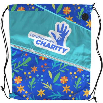 Sublimation Multi-Panel Polyester Drawstring Bag w/ Slant-Zip Pocket