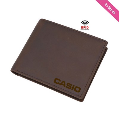 Top Grain Crazy Horse Leather Bifold Wallet with RFID Blocking