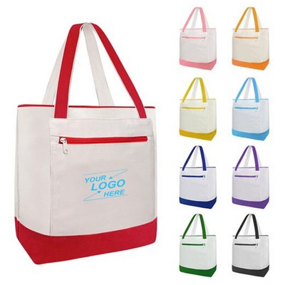 Zippered Canvas Tote Bag with Front Pocket