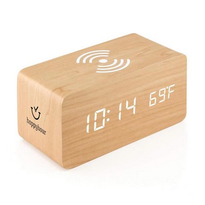 Digital Wooden Alarm Clock W/Wireless Charger