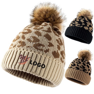 Leopard Print Knitted Pom Woolen Hat