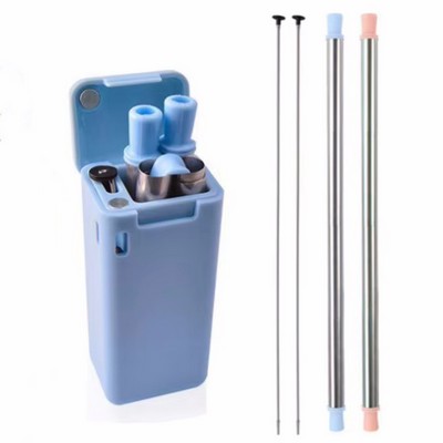 Collapsible silicone drinking straws with cleaning brush and carrying case