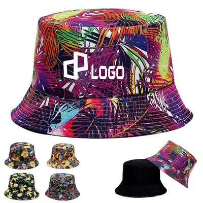 Polyester Bucket Hat W/ Tropical Foliage Pattern