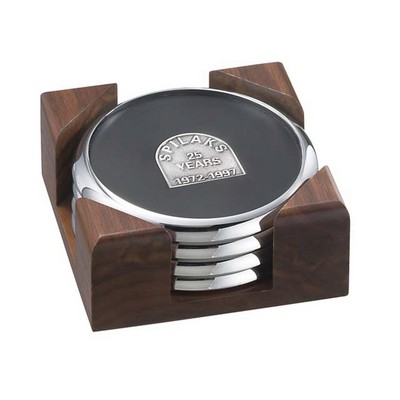 4 Round Solid Chrome Coasters w/Solid Walnut Wood Square Stand