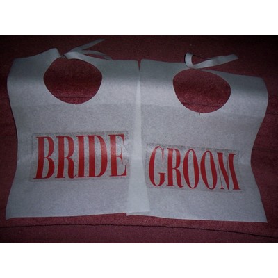 Stock Bride & Groom Cake Bibs with ties, BLOCK, sold per pair