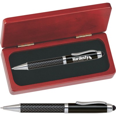 FIBERTEC Series Stylus Pen, black carbon fiber barrel stylus pen with rosewood color gift box