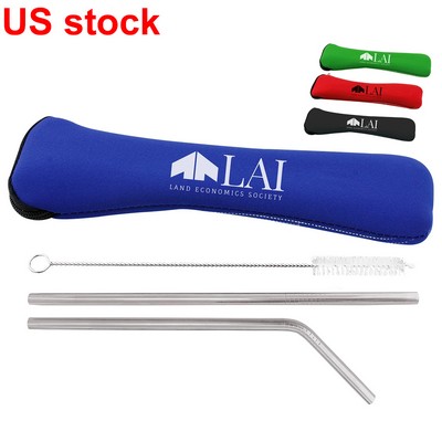 Stainless Steel Travel Reusable Straws and Brush Set in Zipper Neoprene Pouch