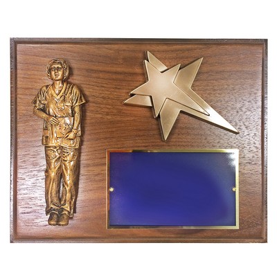 Walnut Finished Nurse Plaque w/Star & Screened Brass Plate (8" x 10")