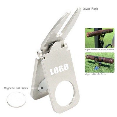 Golf Divot Fork Ball Marker w/Cigar Holder