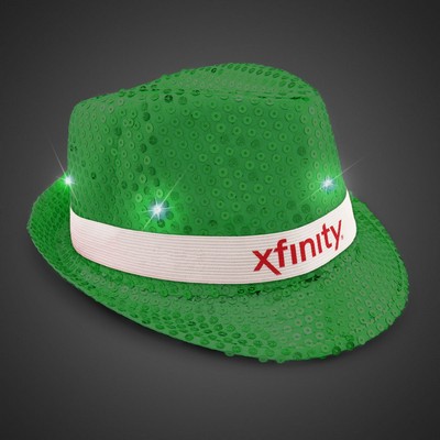 Green Sequin Light Up Fedora Hat w/Silk Screened White Band