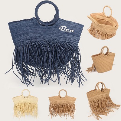 Natural Straw Bag Hand Woven Round Handle Handbags Retro