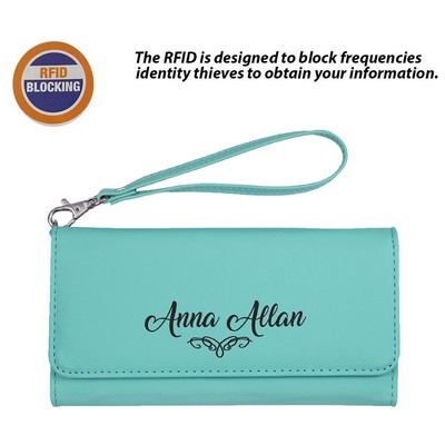 RFID Protected Teal Leatherette Wallet with Strap