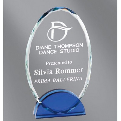 Cascata Oval Crystal Award with Blue Base, 6 1/4"H