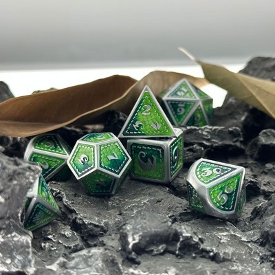 Dragon Scale Green Zinc Alloy DND Dice Set with Silver Edges