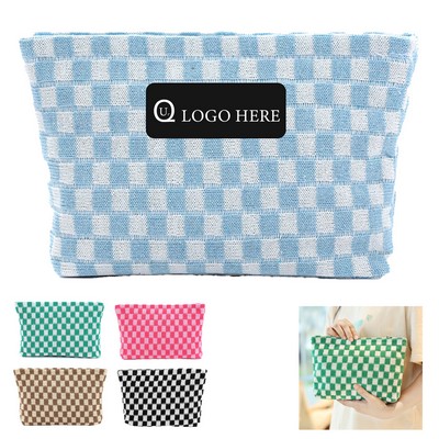 Wool Large Checkered Cosmetic Storage Bag With High Capacity