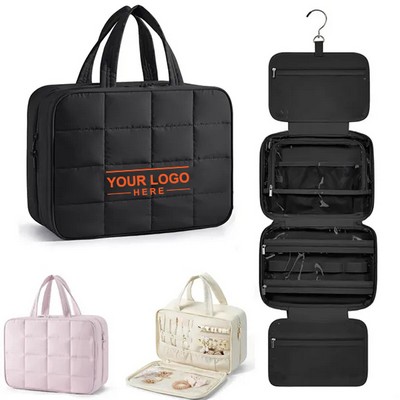 Travel Puffy Toiletry Cosmetic Bag with Jewelry Organizer