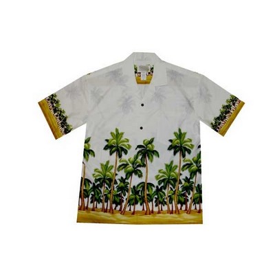 White Hawaiian Border Print Cotton Poplin Shirt w/ Button Front