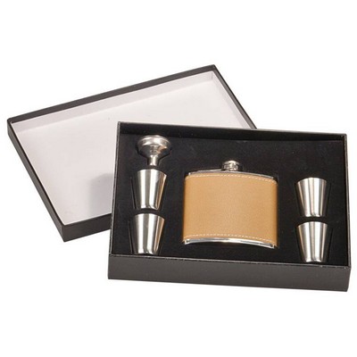 Flask w/Funnel Gift Set - Stainless Steel - Engraved Leather Cover