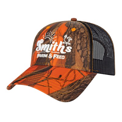 Orange Ridge Camo With Black Trucker Mesh Cap