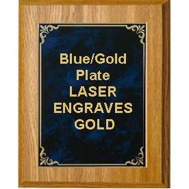 Oak Plaque 7" x 9" - Hi-Relief Blue/Gold 5-1/8" x 7" Plate