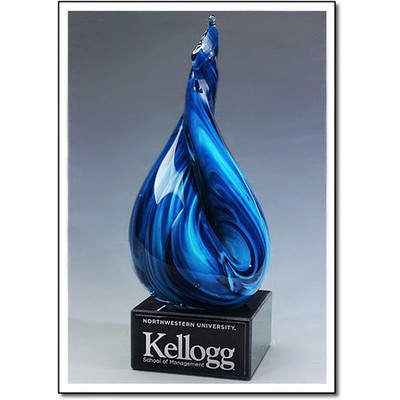 Electric Blue Flame Art Glass Sculpture w/ Marble Base (4.5"x12.25")